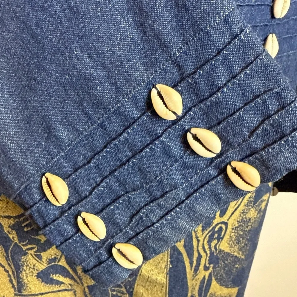 Molato African Denim Coat Jacket Duster Small Vintage 90s Gold Print